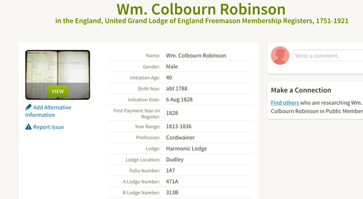 Article 1828 William Colbourne Robinson in Masonic Lodge Dudley