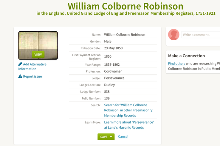 Article 1850 William Colborne Robinson in Dudley Masonic Lodge