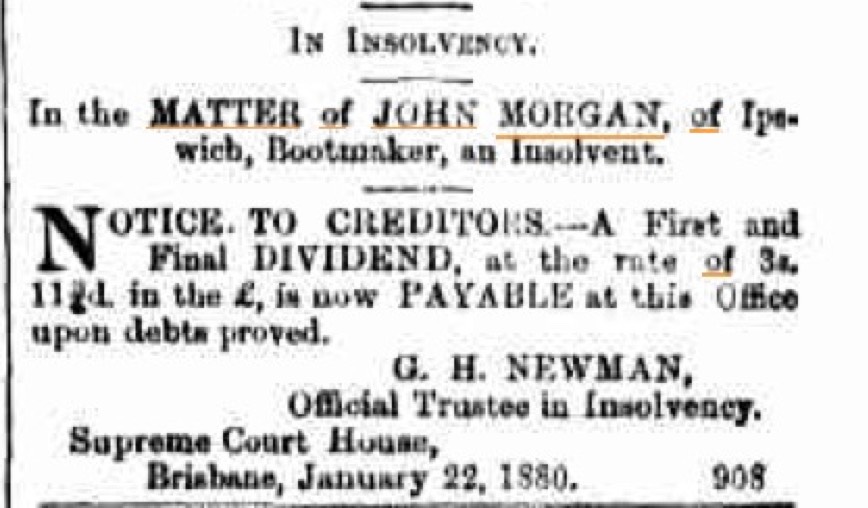 Article 1880 John Morgan Insolvency 3s 10 in pound 23rd January 1880