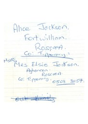 Article Hand written Collie's Notes Alica Jackson at Fort William Roscrea, mum to Elsie Aghancon