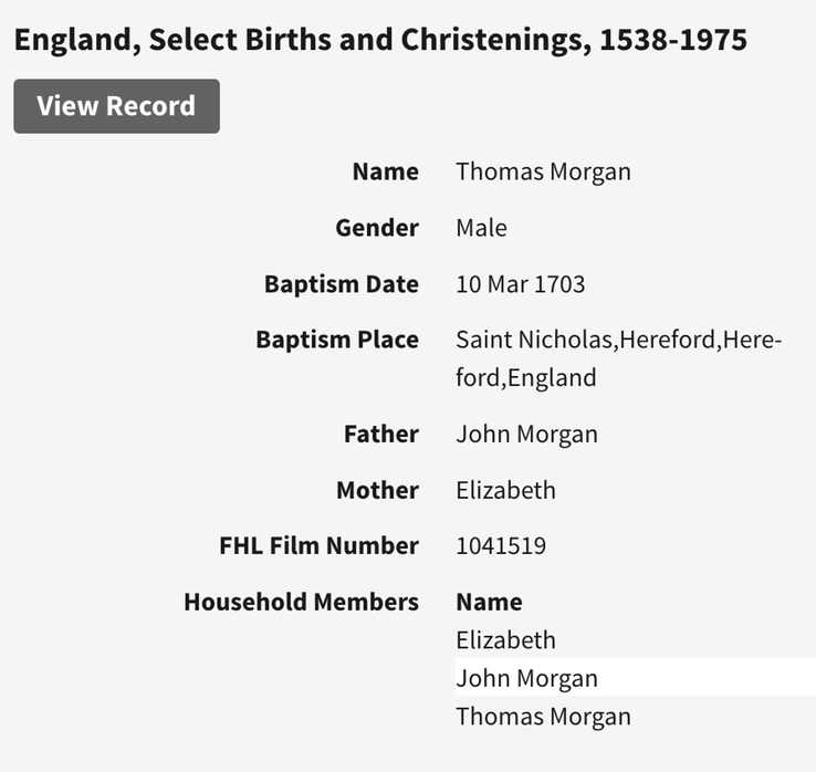 Birth 1703 Thomas Morgan in Hereford???