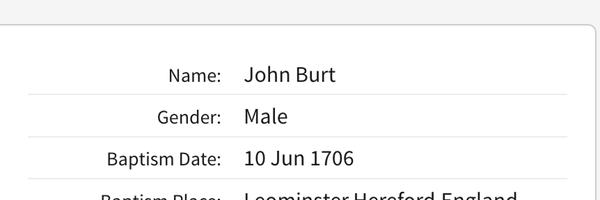 Birth 1706 John Burt 10th June in Leominster