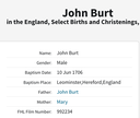 Birth 1706 John Burt 10th June in Leominster