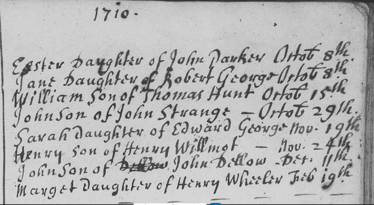 Birth 1710 Esther Parker 8th Oct 1710 in Anstey wife of Richard Skeggs