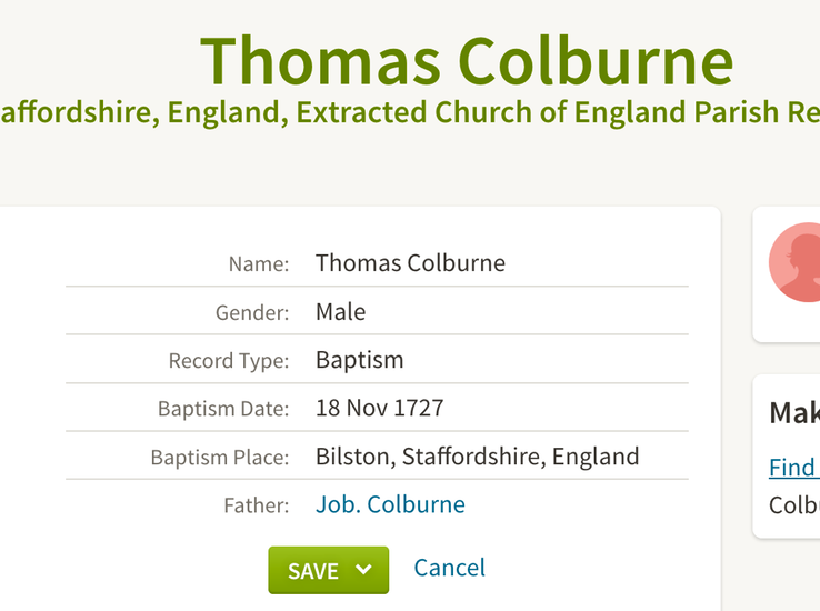 Birth 1727 Thomas Colburne 18th November 1727 CHECK THIS in Bilston Staffordshire