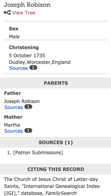 Birth 1735 Joseph Robinson (Robison) to Joseph and Martha in Dudley