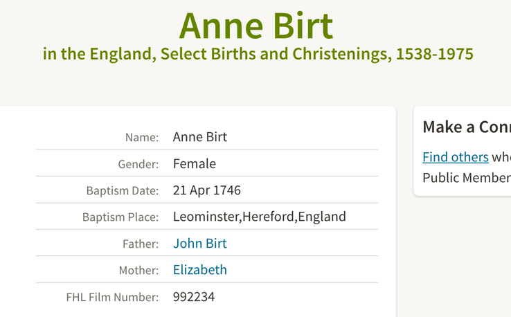 Birth 1746 Ann Birt wife of Thomas Morgan