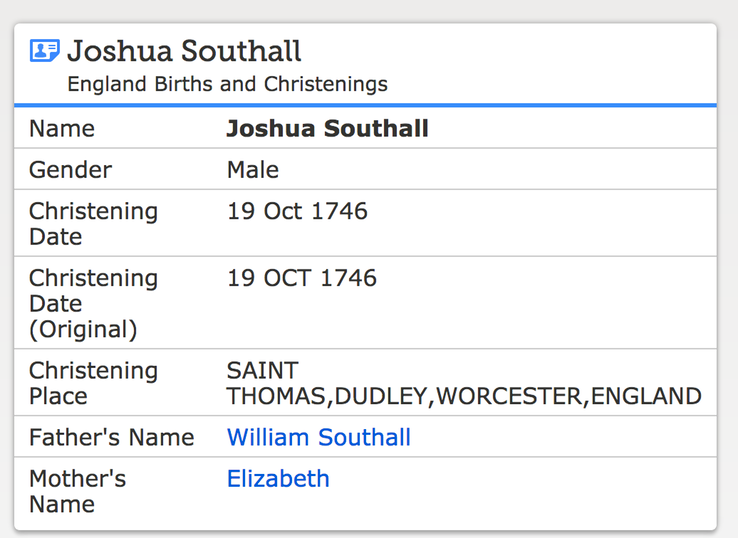 Birth 1746 Joshua Southall husband of CHECK THIS 19th Oct 1746 in Dudley