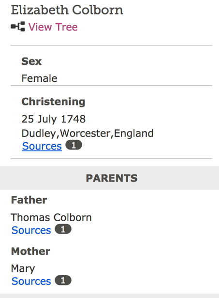 Birth 1748 Elizabeth Colbourn in 1748 to Thomas and Mary in Dudley