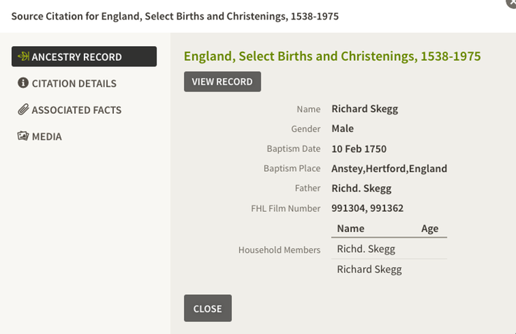 Birth 1750 Richard Skeggs and Father Richard