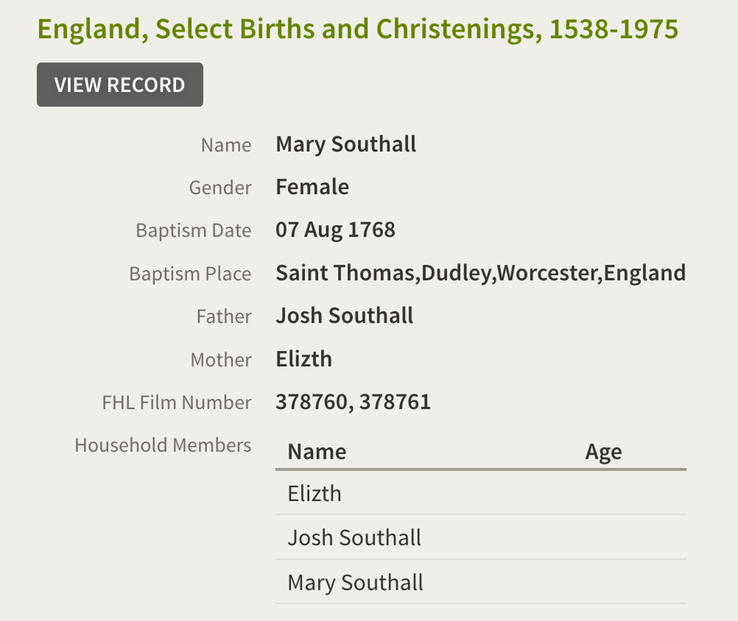 Birth 1768 Mary Southall to Josh and Mary