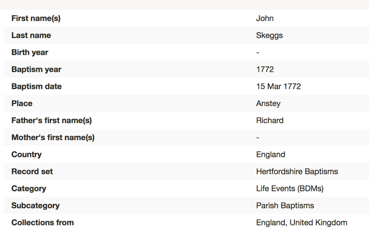 Birth 1772 John Skeggs son of Richard and Mary 15th March 1772 in Anstey