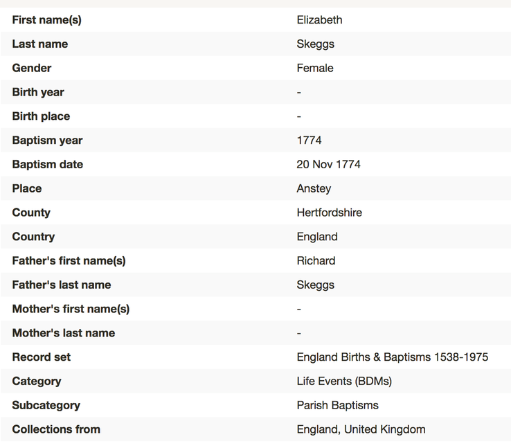 Birth 1774 Elizabeth Skeggs daughter of Richard Skeggs and Mary Pallet in Anstey