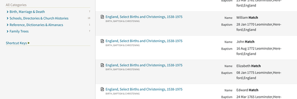 Birth 1775 Elizabeth Hatch and siblings in Leominster