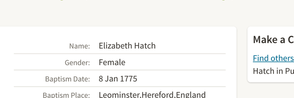 Birth 1775 Elizabeth Hatch in Leominster to Edward and Margaret Hatch