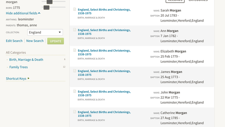 Birth 1775 John Morgan and siblings in Leominster