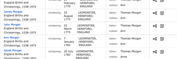 Birth 1775 John Morgan to Thomas and Ann in Leominster possible father to John and William