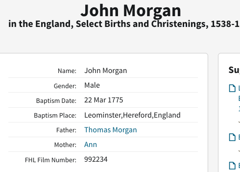 Birth 1775 John Morgan Father of Convict John Morgan in Leominster