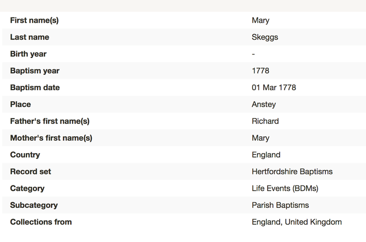 Birth 1778 Mary Skeggs daughter of Richard and Mary Pallet 