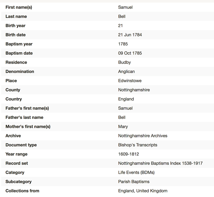 Birth 1784 Samuel Bell 21st June 1784 or 1785 parents Samuel and Mary in Budby 