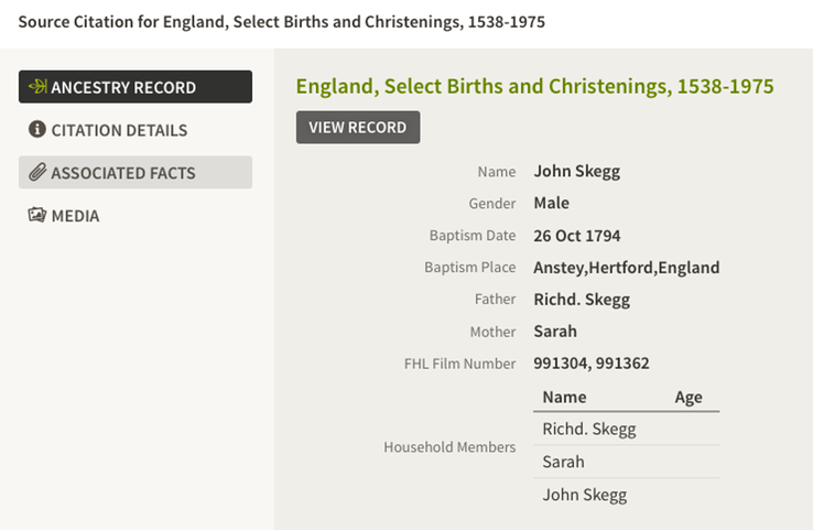 Birth 1794 John Skeggs Father Richard Mother Sarah