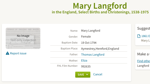 Birth 1794 Mary Langford Aymestrey who married James Morgan