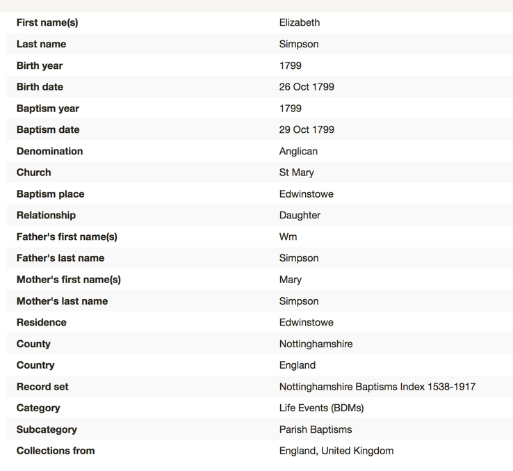 Birth 1799 Elizabeth Simpson (Green then Bell) 26th Oct 1799 in Edwinstowe 2nd wife John Bell