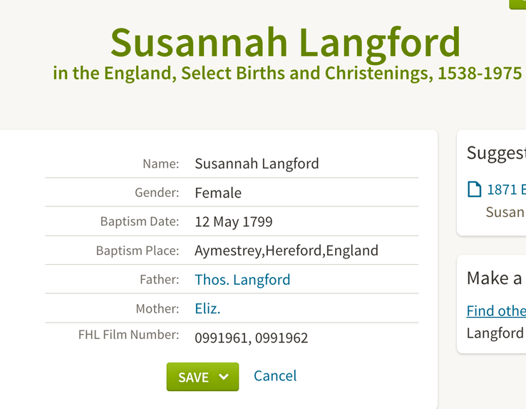 Birth 1799 Susan Langford sister of Mary Langford (Mary Morgan in Wigmore)