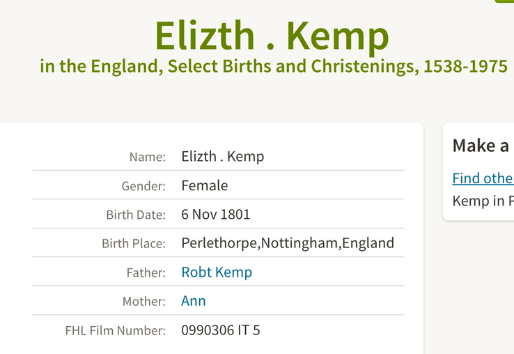 Birth 1801 Elizabeth Kemp 6th Nov 1801 in Perlethorpe 1st wife of John Bell