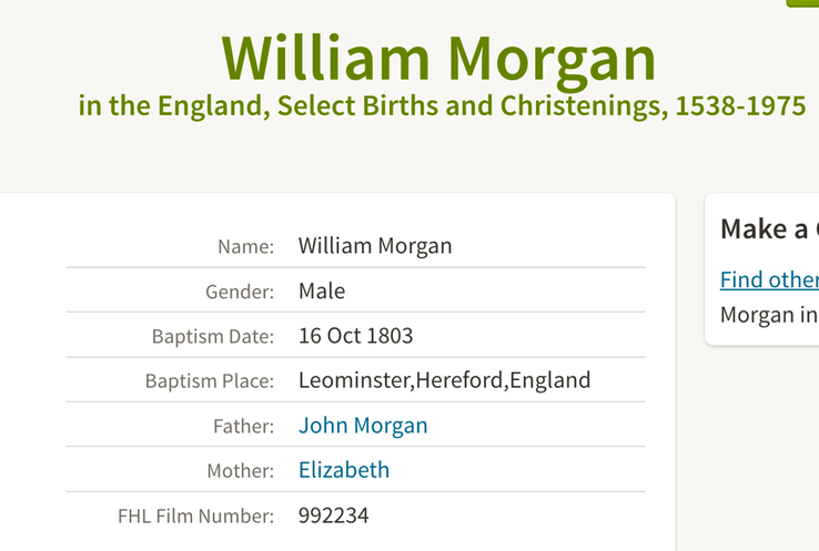 Birth 1803 William Morgan to John and Elizabeth 16th Oct 1803 Leominster