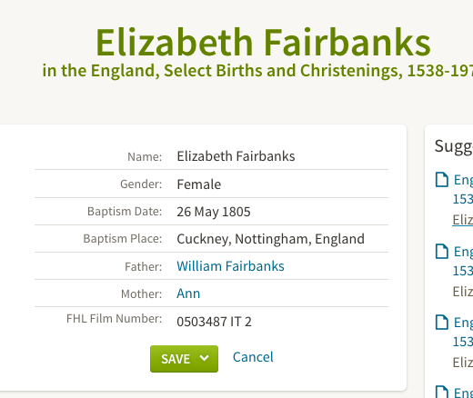 BIRTH 1805 Elizabeth Fairbanks (wife of John Bell born 1797)