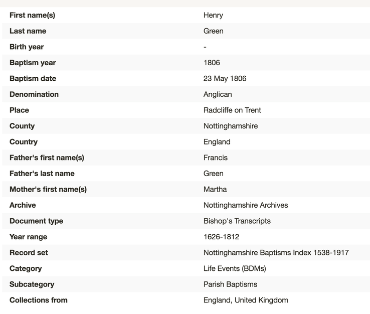 Birth 1806 Henry Green in Radcliffe on Trent, possible father of Francis Green