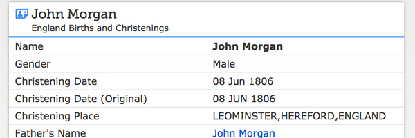 Birth 1806 John Morgan 6th June 1806 in Leominster