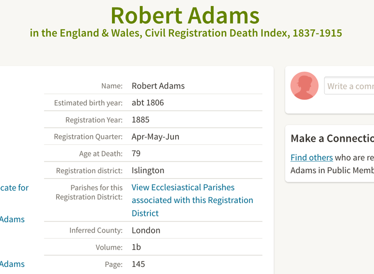 Birth 1806 Robert Adams father of Elizabeth Bell nee Adams