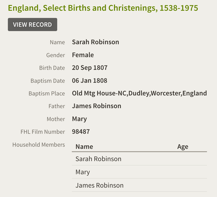 Birth 1807 Sarah Robinson to James and Mary 20th Sept 1807 in Dudley 