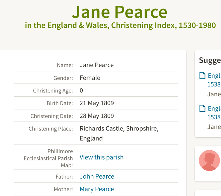 Birth 1809 Jane Pearce wife of John Morgan in Dudley