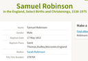 Birth 1812 Samuel Robinson to Sarah possible son of William and Sarah Robinson