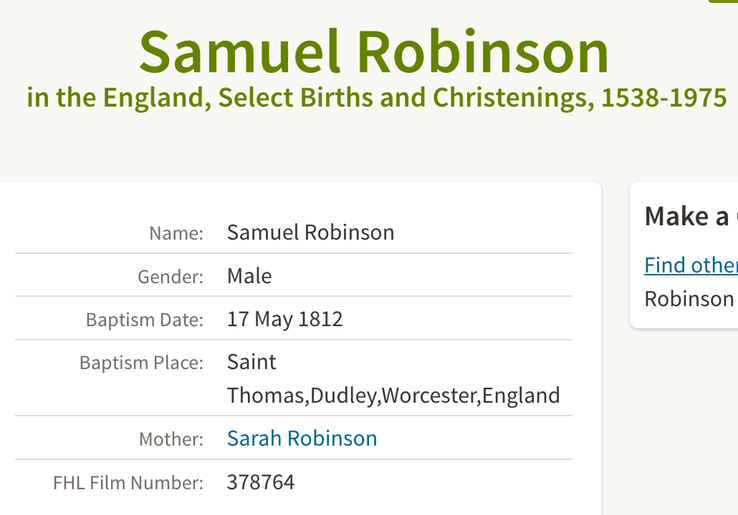 Birth 1812 Samuel Robinson to Sarah possible son of William and Sarah Robinson