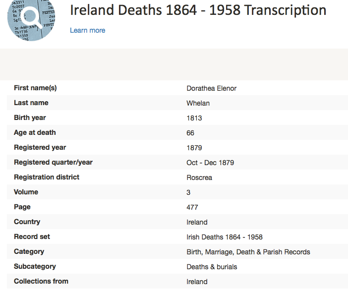 Birth 1813 and Death 1879 Dorothea Whelan (nee Frazer)