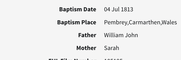 Birth 1813 Catherine John in Pembrey Wales daughter of Sarah Morgan from Leominster