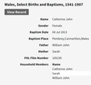 Birth 1813 Catherine John in Pembrey Wales daughter of Sarah Morgan from Leominster