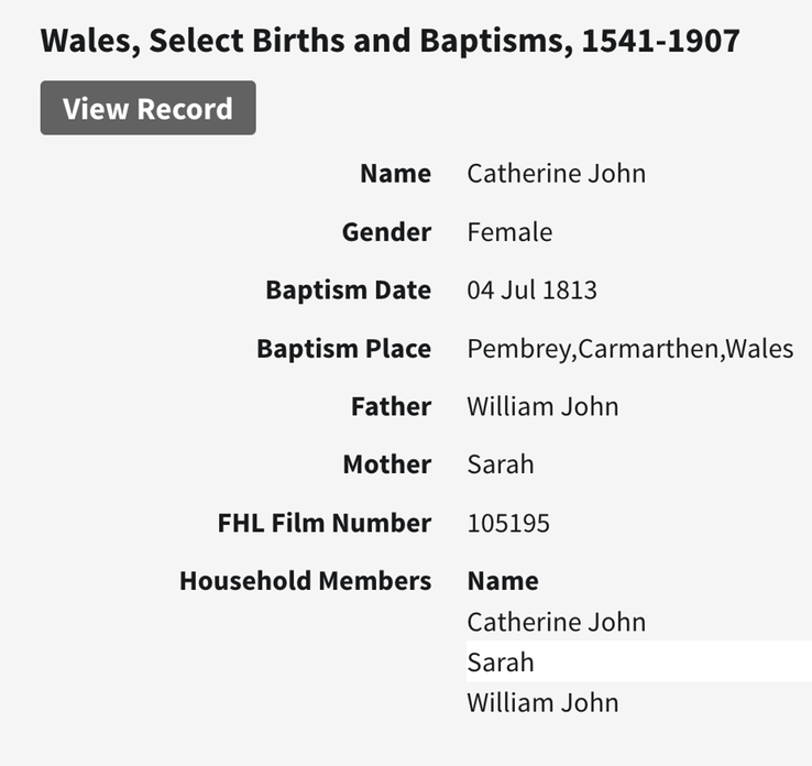 Birth 1813 Catherine John in Pembrey Wales daughter of Sarah Morgan from Leominster