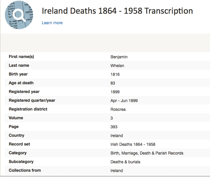 Birth 1816 and Death 1899 Benjamin Whelan