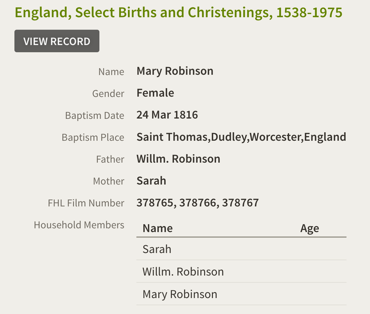 Birth 1816 Mary Robinson to William and Sarah in Dudley