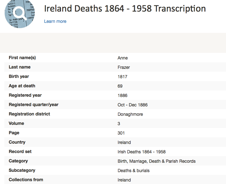 Birth 1817 and Death 1886 Anne Frazer Donaghmore