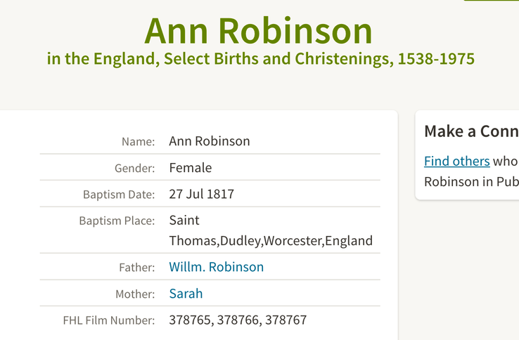 Birth 1817 Ann Robinson to William and Sarah in Dudley