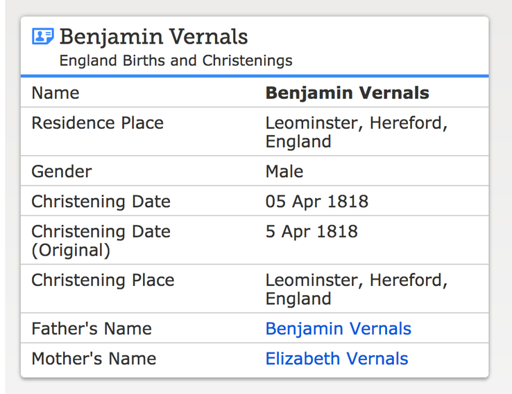 Birth 1818 Benjamin Vernals possible father of Benjamin Morgan in Monkland