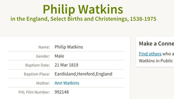 Birth 1819 Philip Watkins  21st March 1819 husband of Mary Ann Morgan