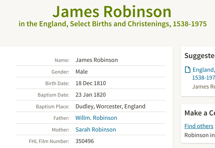 Birth 1819 (states in error 1810) born 18th Dec 1819 baptised 23 Jan 1820 to William and Sarah died age 12 in 1831 