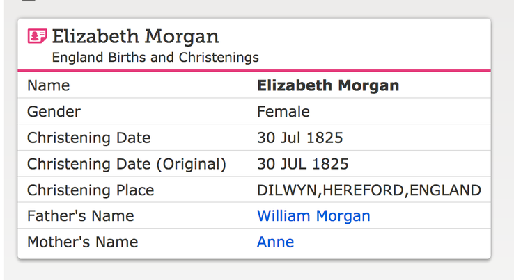 Birth 1825 Elizabeth Morgan 30th July 1825 Dilwyn 2 months after parents marriage William and Ann